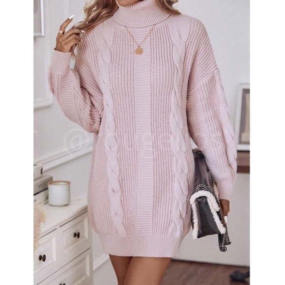 Baby Pink Oversized Sweater Dress Cable Knit Turtleneck Long SLeeve - Picture 6 of 7
